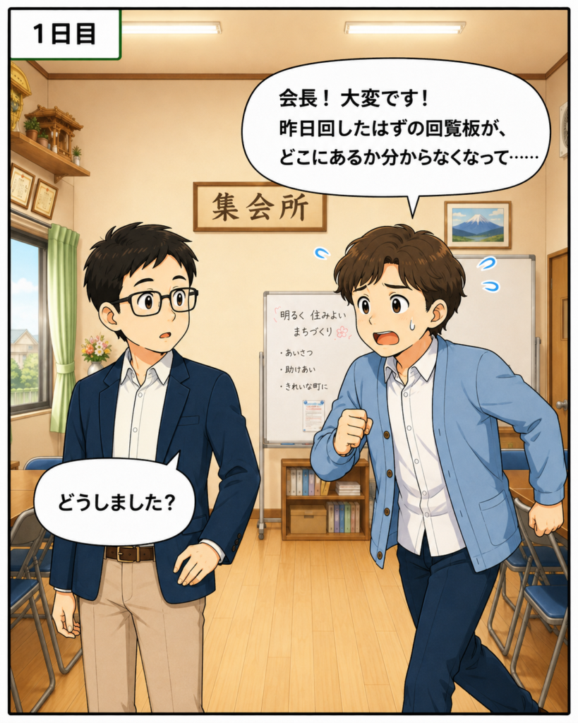 回したはずの回覧板が見つからず、公民館で会長に慌てて相談する新米班長