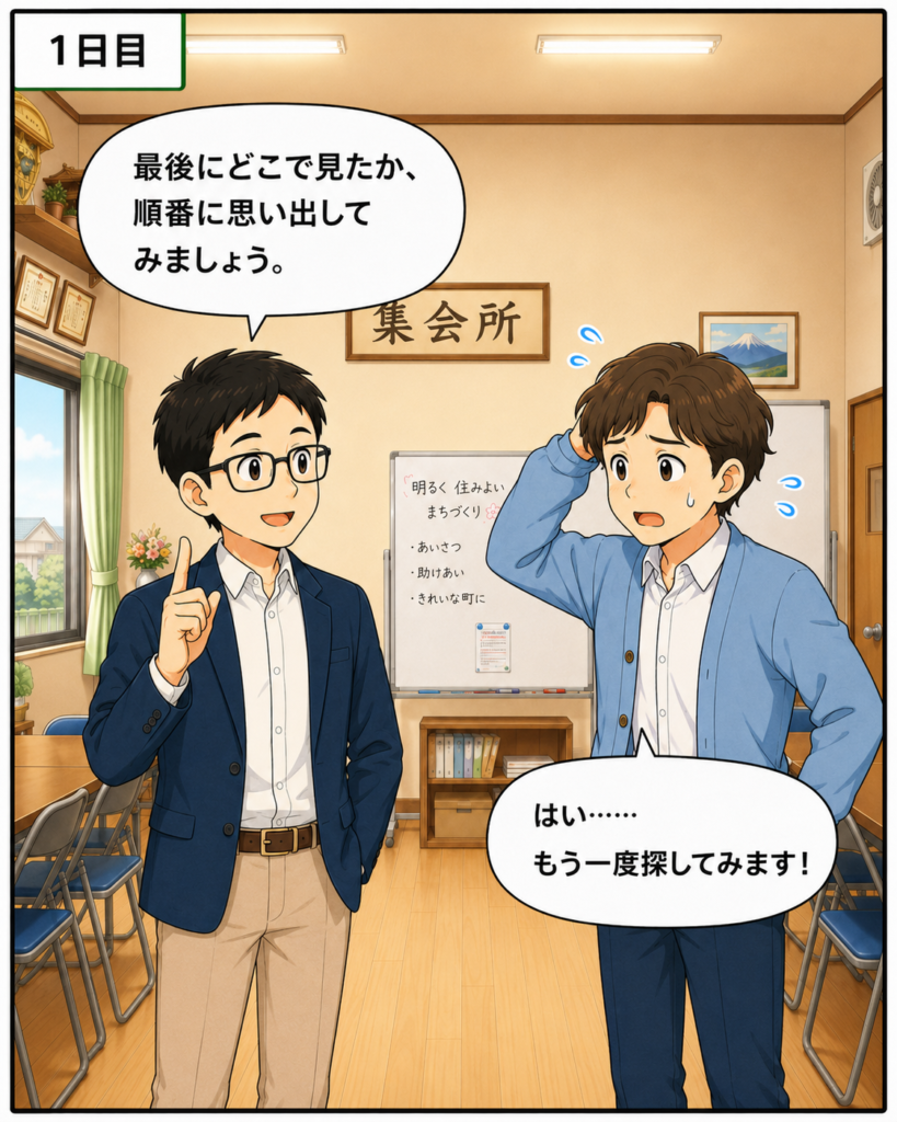 会長から最後に見た場所を順番に思い出すよう助言され、もう一度探そうとする新米班長