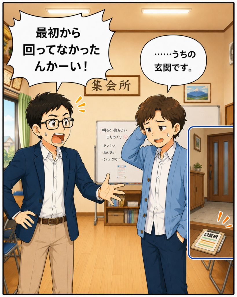 回覧板が自宅の玄関にあったと打ち明ける新米班長と、驚いてツッコむ会長