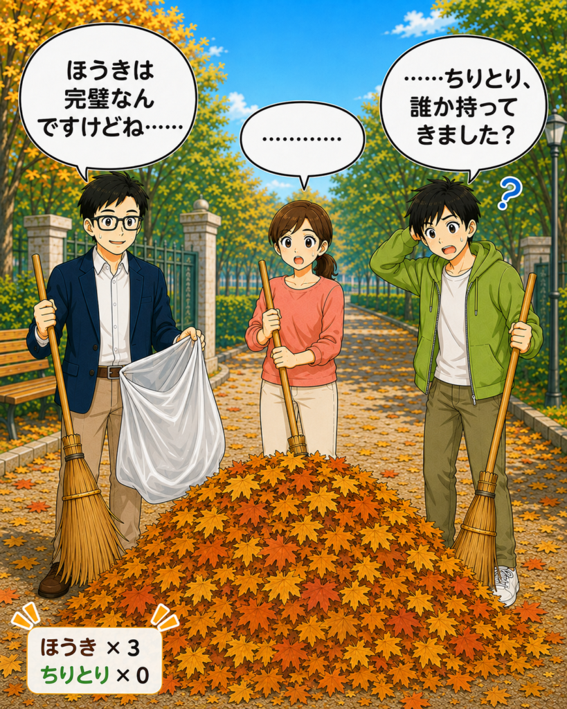 「ほうきは3本あるのにちりとりがなく、集めた落ち葉を前に3人が困っている様子」
