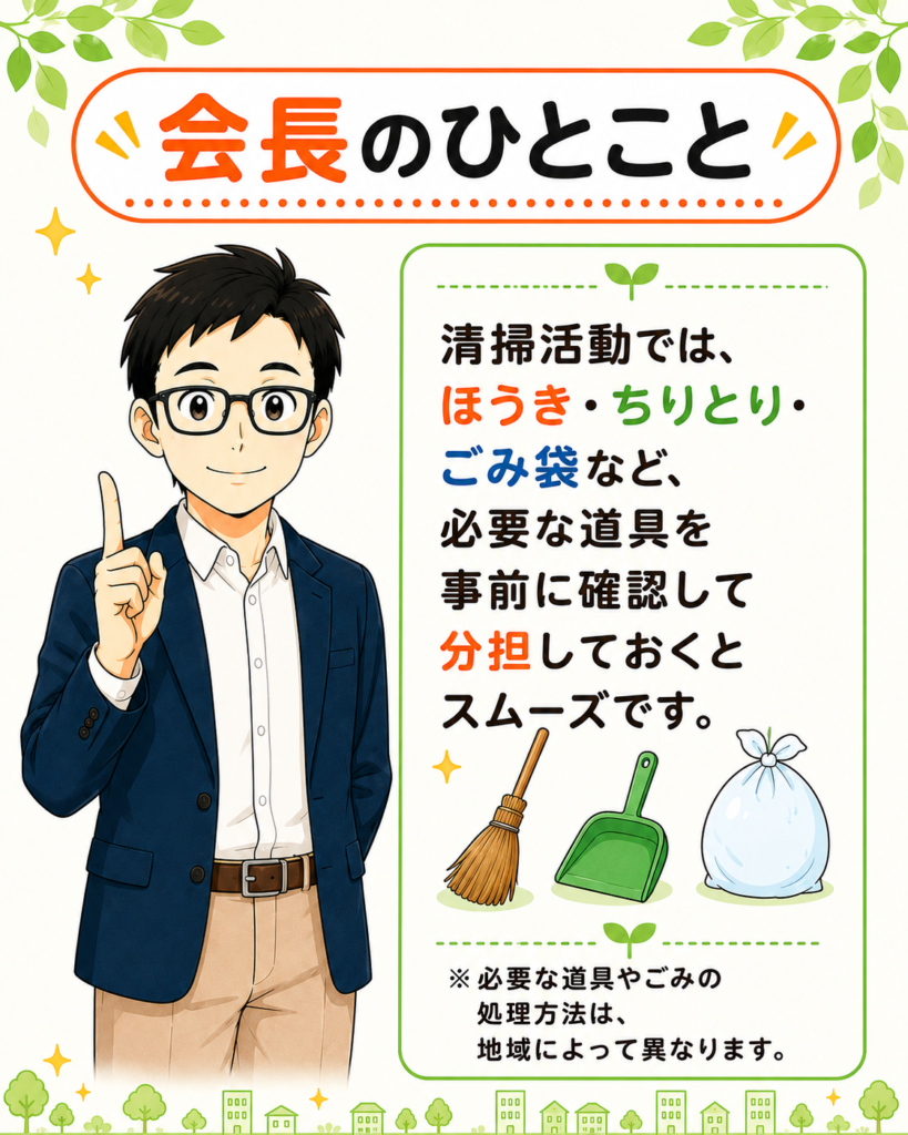 「地域清掃では必要な道具を事前に確認し、分担して準備するとスムーズだと伝える会長」