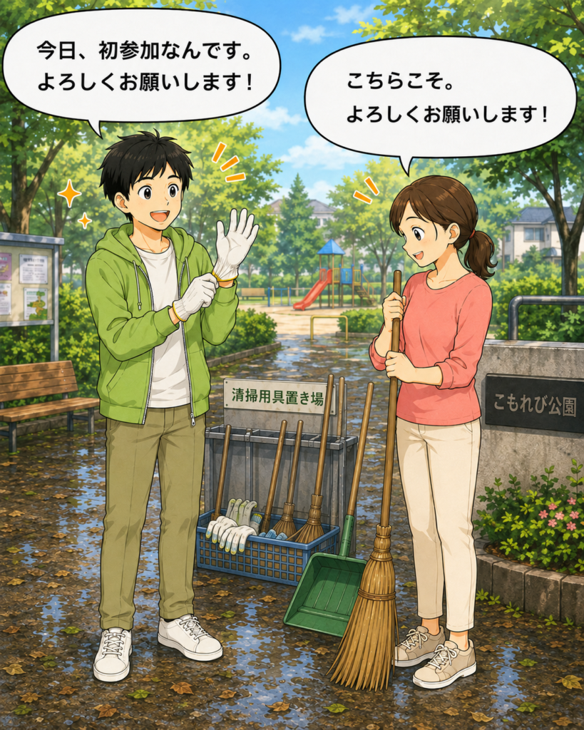 「地域の公園清掃に初参加し、軍手を着けてやる気いっぱいで子想田さんにあいさつする若井さん」