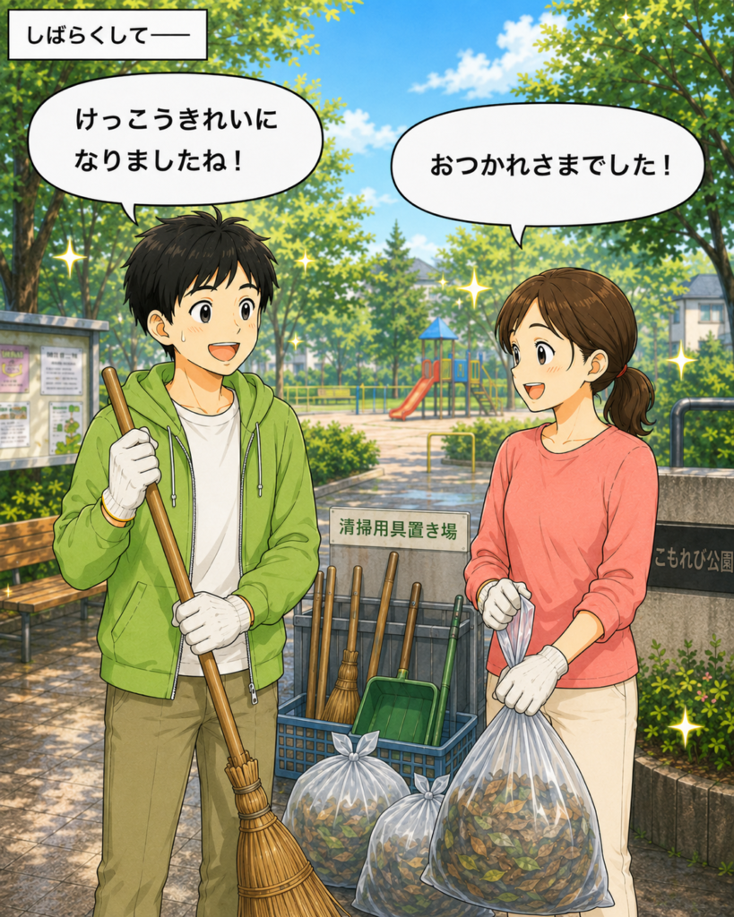 「清掃が進んできれいになった公園で、作業を終えて達成感のある表情を見せる若井さんと子想田さん」