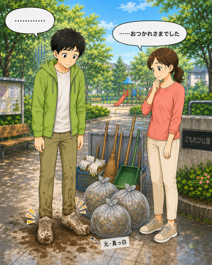 「公園清掃を終え、真っ白だったスニーカーが泥だらけになっていることに気づき無言で見つめる若井さん」