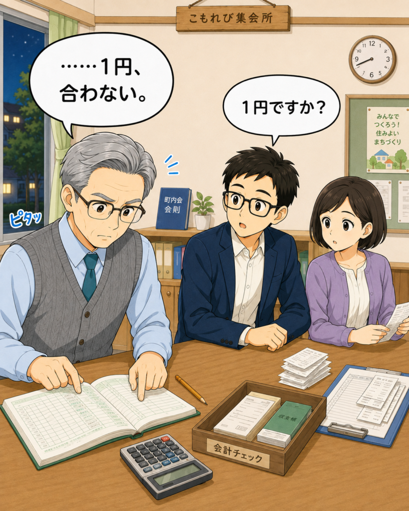 「1円の差額を確かめるため、金賀さんが再計算し、筆垣さんと会長も領収書や帳簿を確認している」