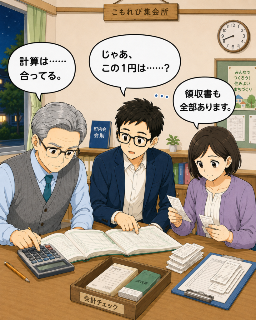 「何度確認しても原因が分からず、机を囲んで1円の行方を真剣に考える金賀さん、会長、筆垣さん」