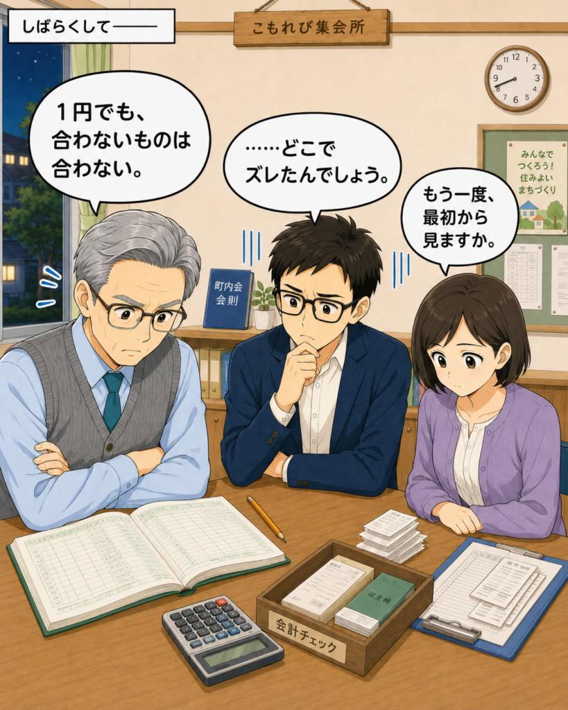 「何度確認しても原因が分からず、机を囲んで1円の行方を真剣に考える金賀さん、会長、筆垣さん」