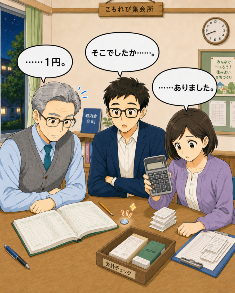 「筆垣さんが電卓を持ち上げると、その下から探していた1円玉が見つかり、3人が静かに見つめている」