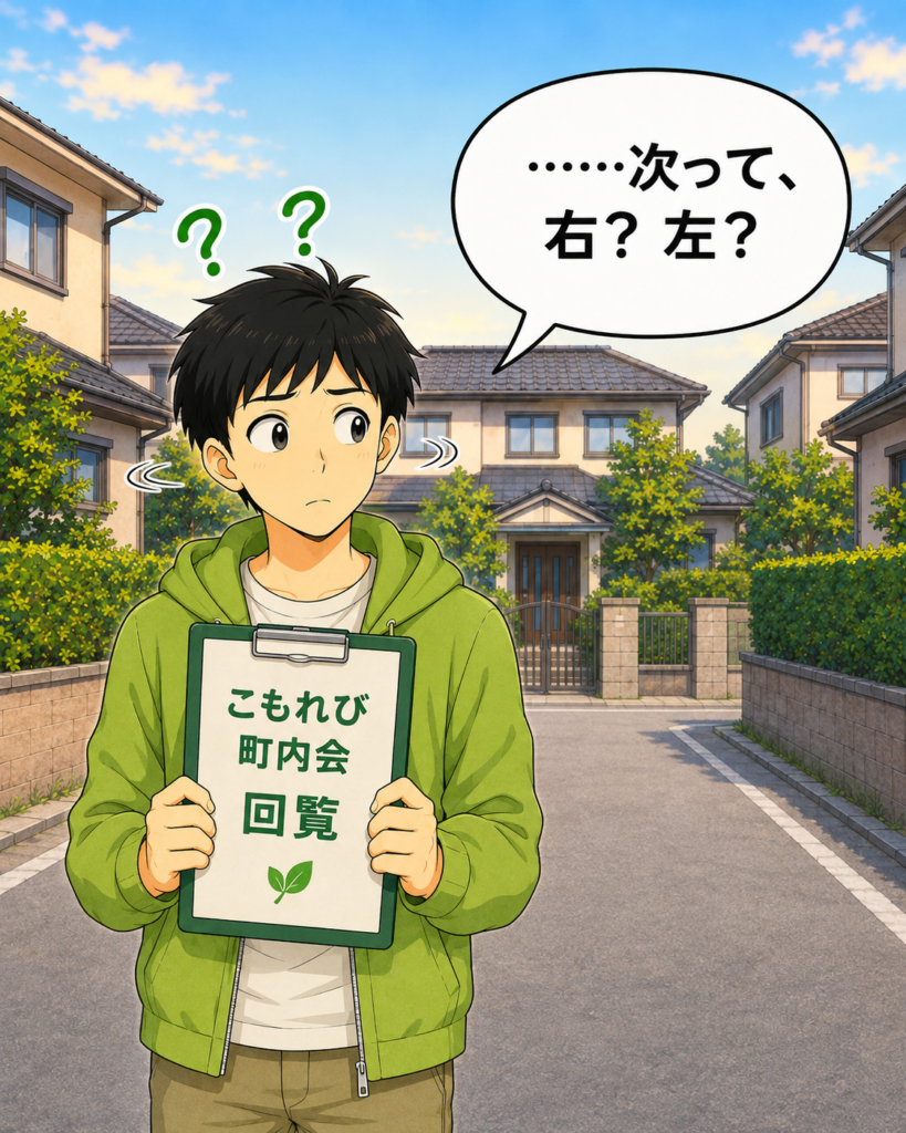「自宅前で町内会の回覧板を持ち、次は右と左のどちらの家へ回すのか迷っている若井さん」