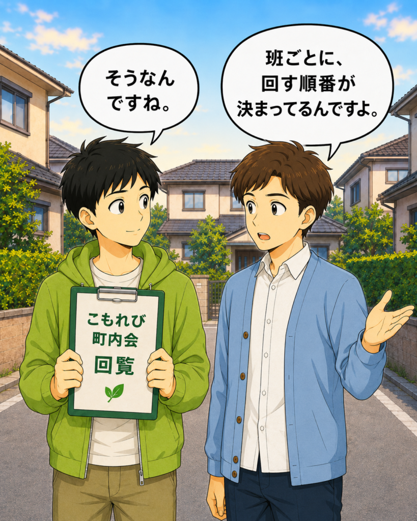 「回覧板を持つ若井さんに、班野さんが班ごとに回覧の順番が決まっていることを説明している」