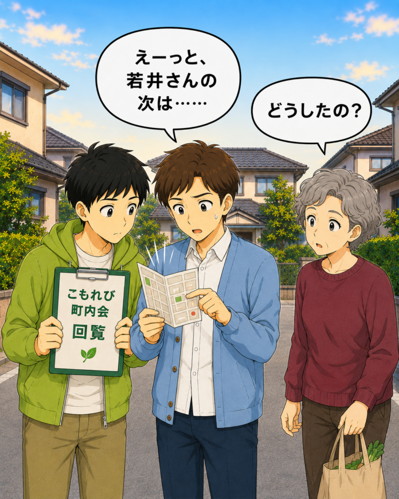 「回覧板の次の届け先を確かめるため、班野さんが地図を広げ、若井さんと真剣に確認している」
