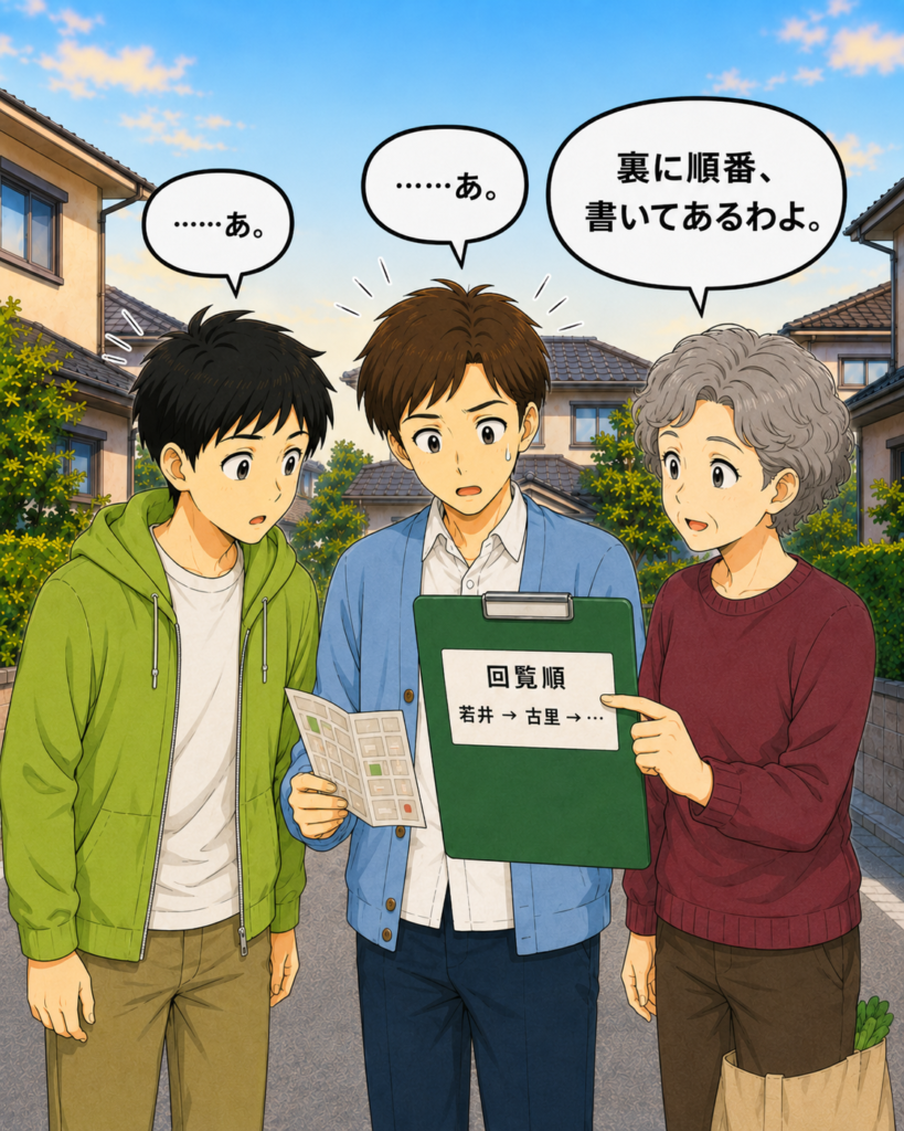 「古里さんが回覧板を裏返すと回覧順が書かれており、若井さんと班野さんが気づいて固まっている」