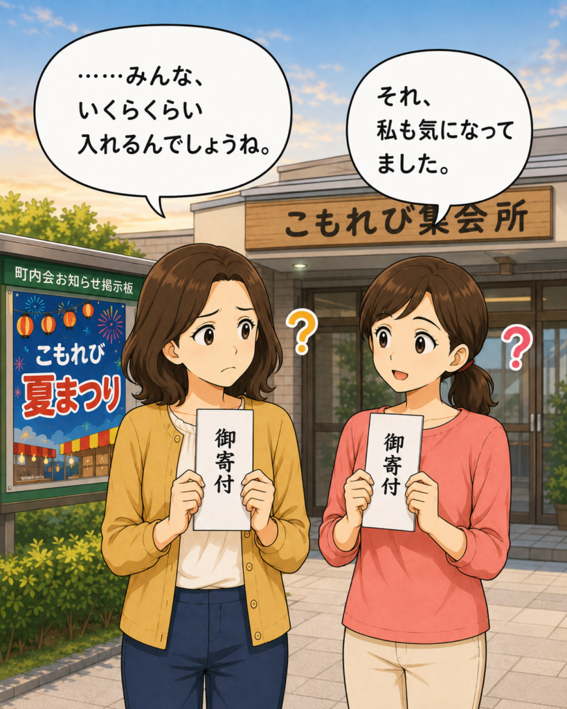 「お祭りの寄付袋を手に、みんなはいくら入れるのか気になる磯賀さんと小想田さん」