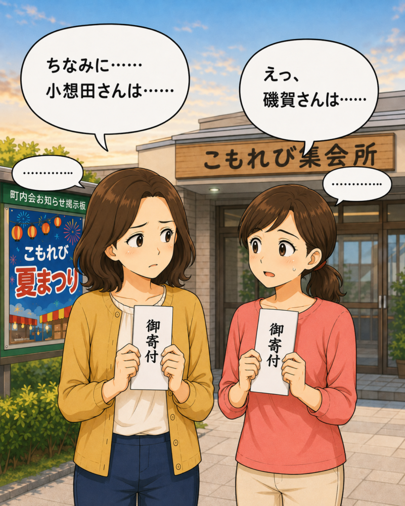 「寄付は必ず出すものなのかと疑問に思う小想田さんと磯賀さんに、会長が近づいてくる」