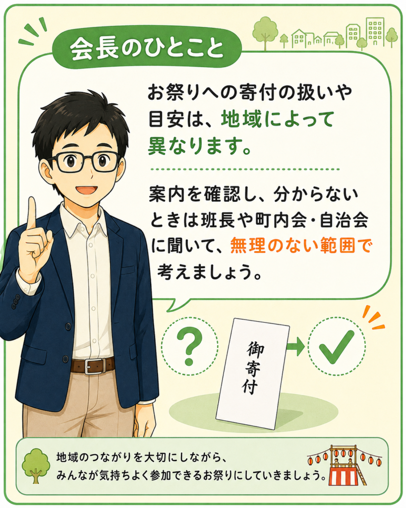 「お祭りへの寄付の扱いや目安は地域で異なり、案内や班長などに確認すると安心と伝える会長」