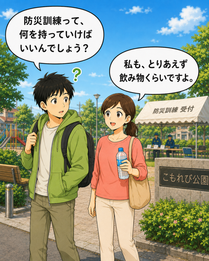 「防災訓練へ向かいながら、持ち物は何が必要なのか子想田さんに尋ねる若井さん」