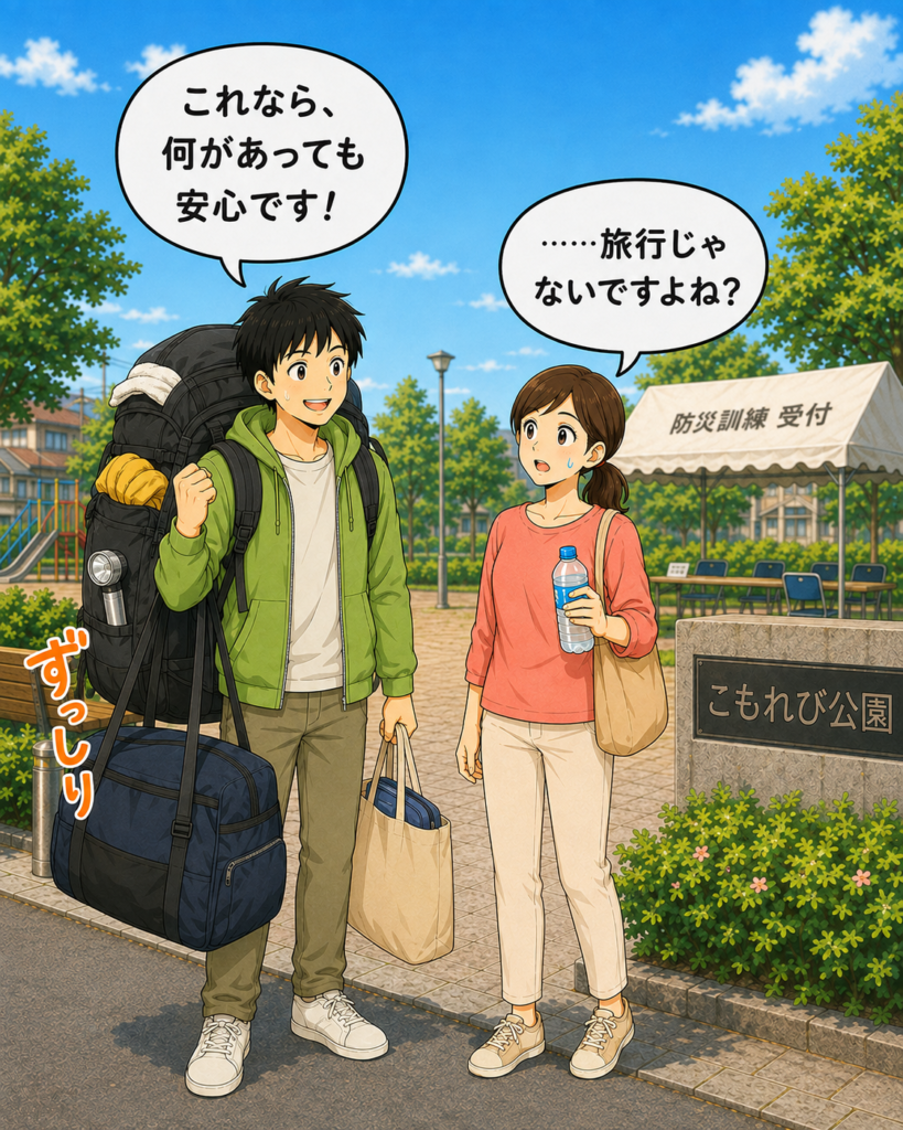 「大きなリュックやボストンバッグなど旅行並みの荷物を準備し、満足そうな若井さん」