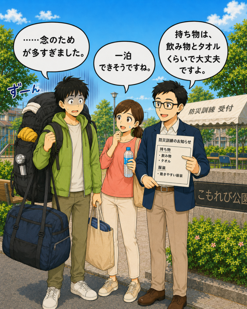 「防災訓練の案内にある少ない持ち物と、自分の大荷物を見比べて固まる若井さん」