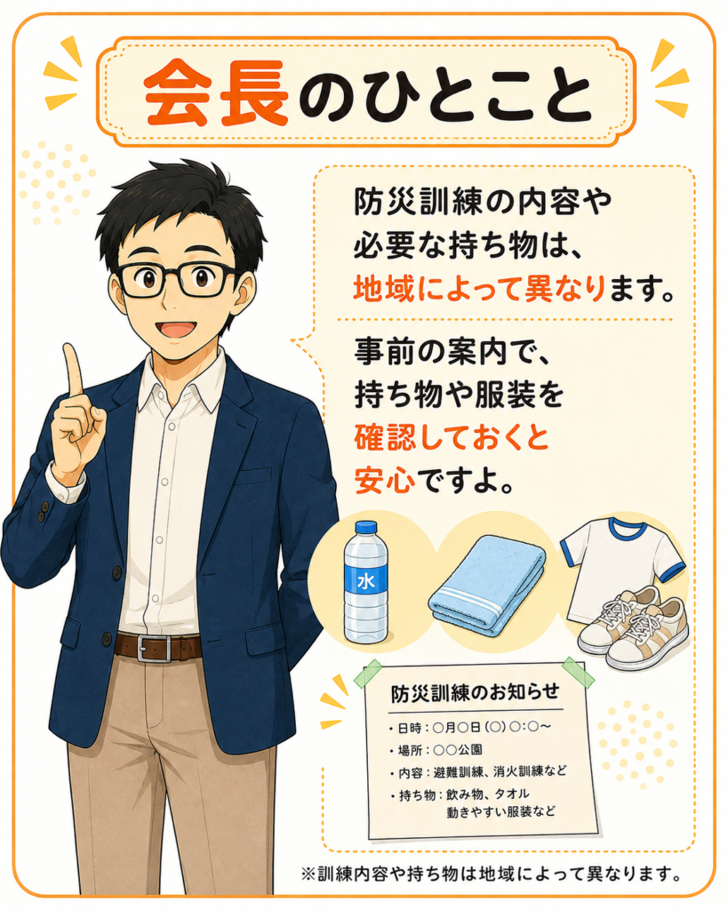 「防災訓練の持ち物や服装は地域で異なるため、事前の案内を確認すると安心と伝える会長」