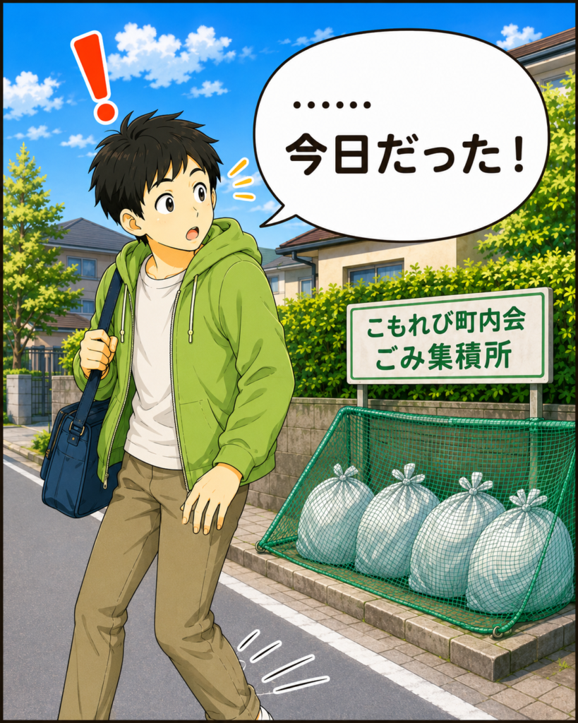 「出勤途中、ごみ集積所に並ぶごみ袋を見て、今日が収集日だったと気づく若井さん」