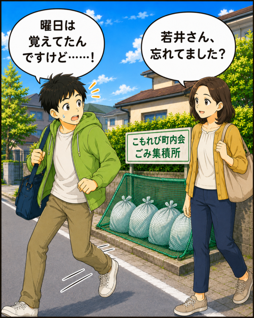 「ごみの日を忘れていた若井さんが慌てて家へ戻ろうとし、通りかかった磯賀さんと話す場面」