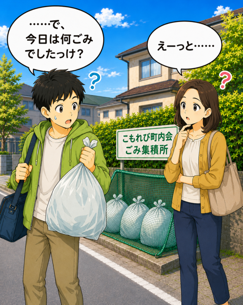 「ごみ袋を持って戻った若井さんが、今度は今日は何ごみの日だったか分からず悩む場面」