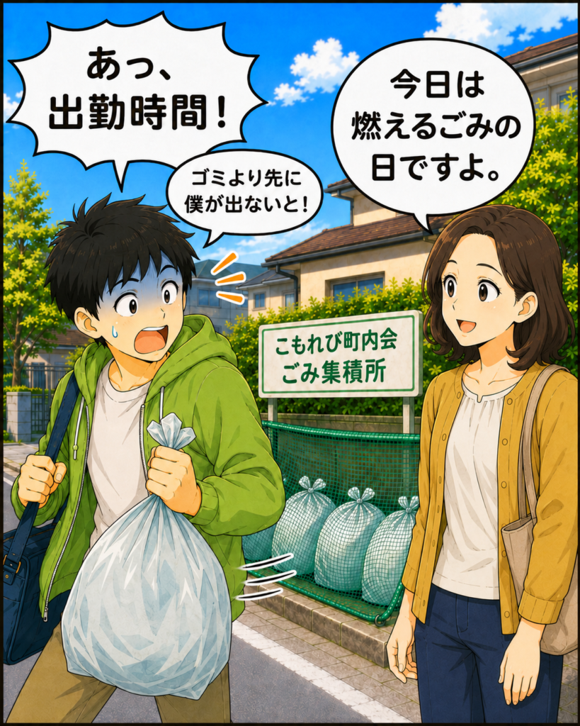 「収集日をスマートフォンで確認した直後、出勤時間が迫っていることに気づき慌てる若井さん」