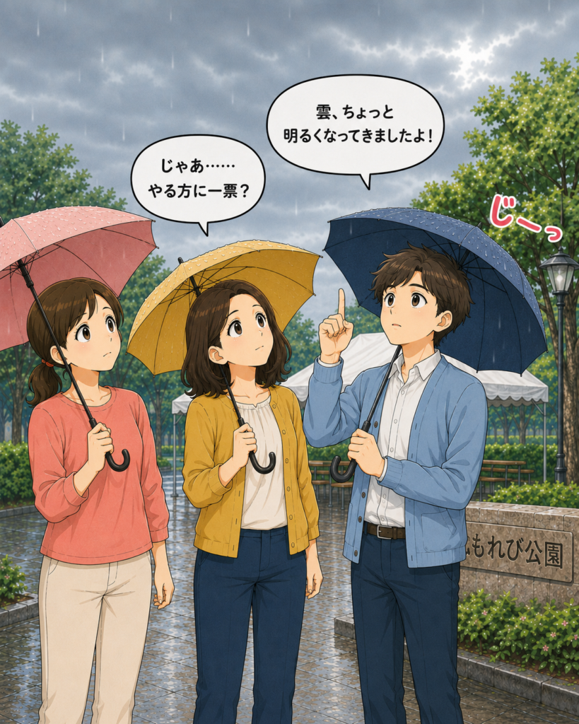 「班野さんも加わり、雲の明るさを見ながら地域行事を開催するか予想する3人」