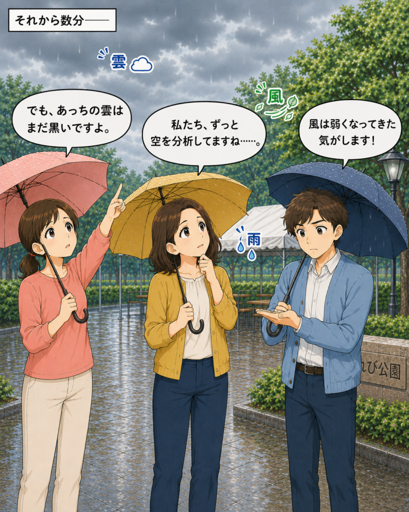 「雨や雲、風の様子を真剣に観察し、天気予報のような分析を続ける3人」