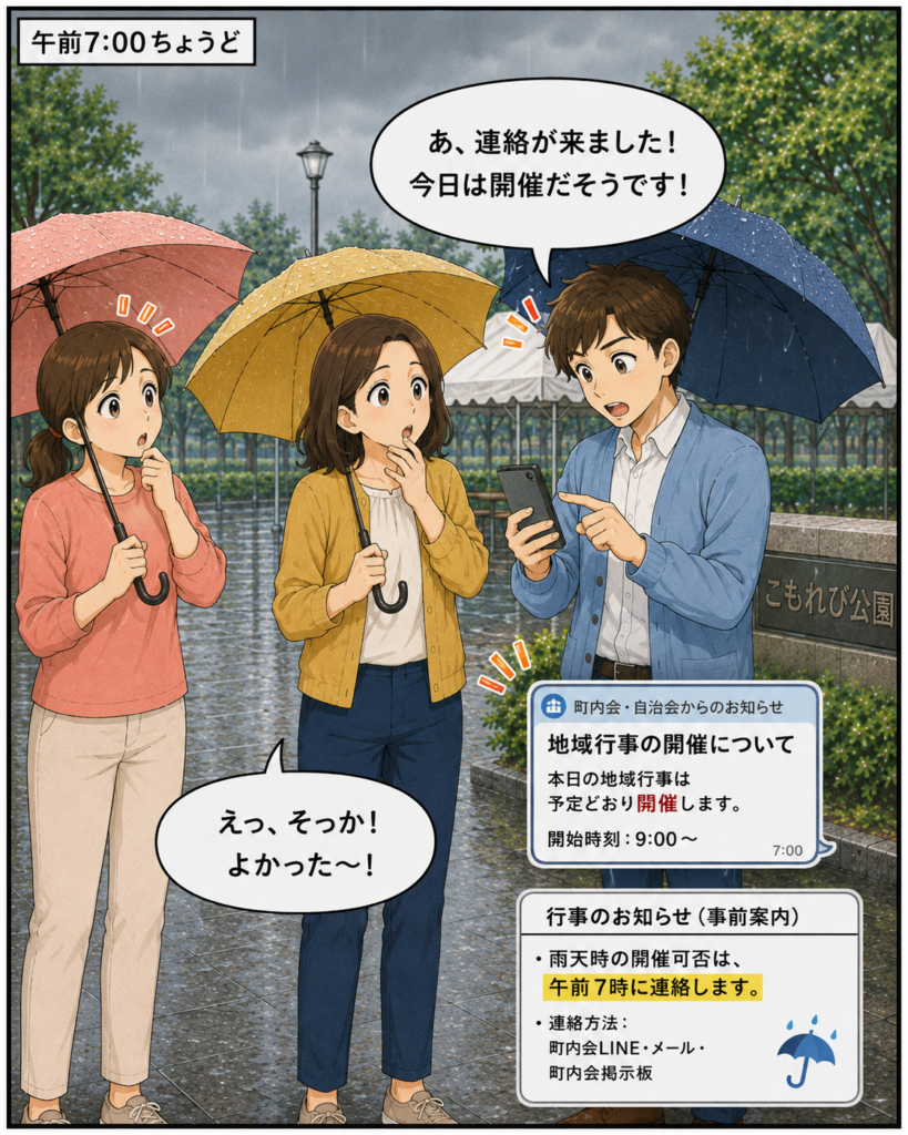 「午前7時に開催連絡が届き、連絡時間が事前の案内に書かれていたことに気づく3人」
