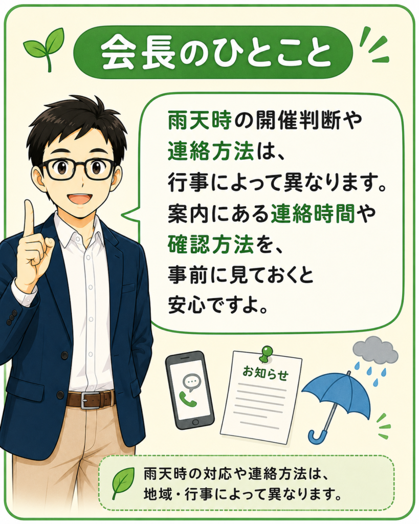 「雨天時の開催判断や連絡方法は、行事のお知らせで事前に確認すると安心と伝える会長」