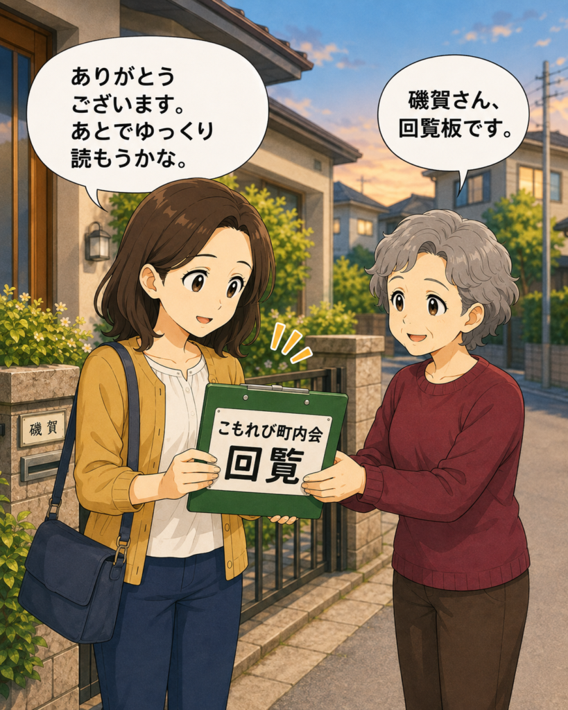 「仕事帰りの磯賀さんが古里さんから回覧板を受け取り、あとでゆっくり読もうと考える場面」

