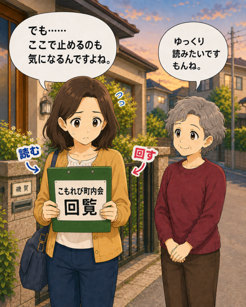 「回覧板を開きながら、長く止めず次へ回したいと迷う磯賀さんと見守る古里さん」
