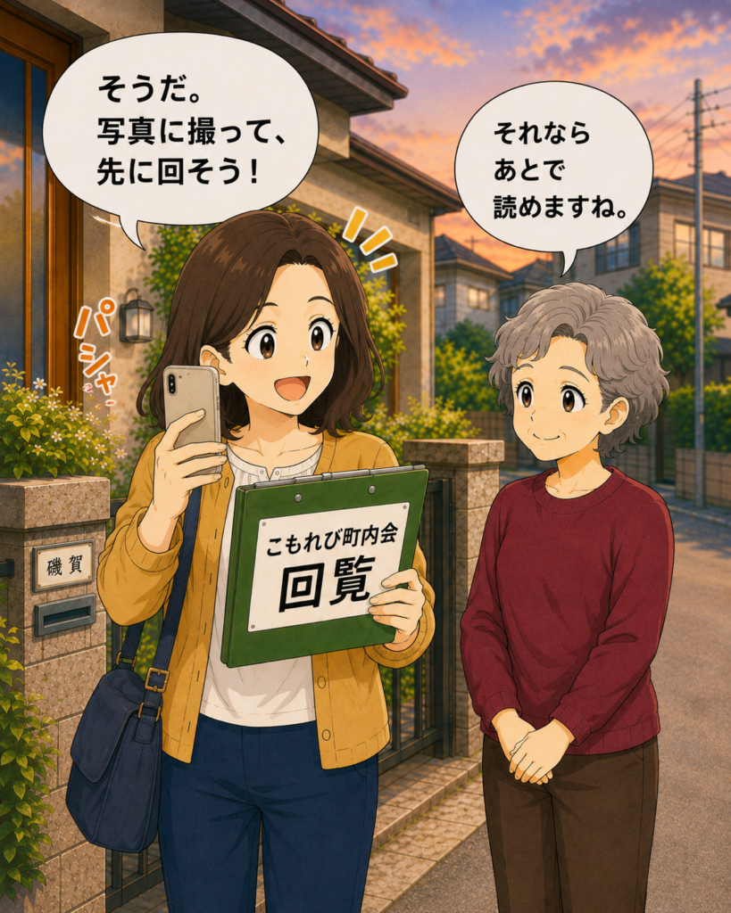 「磯賀さんが必要なページをスマートフォンで撮影し、回覧板を先に回そうとひらめく場面」
