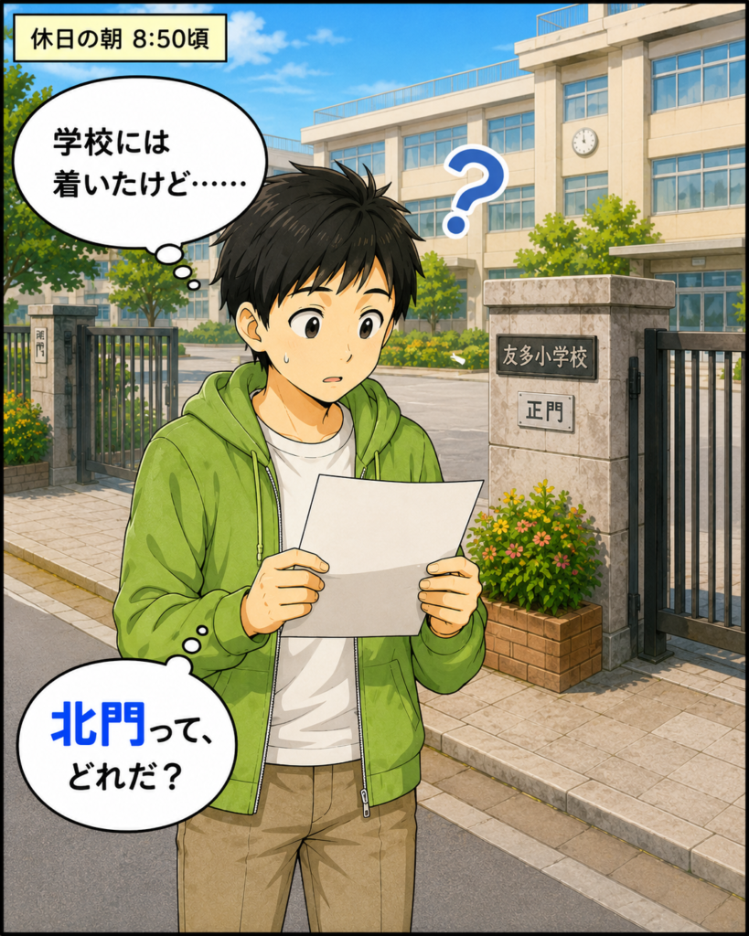 「友多小学校には着いたものの、案内に書かれた北門の場所が分からず戸惑う若井さん」