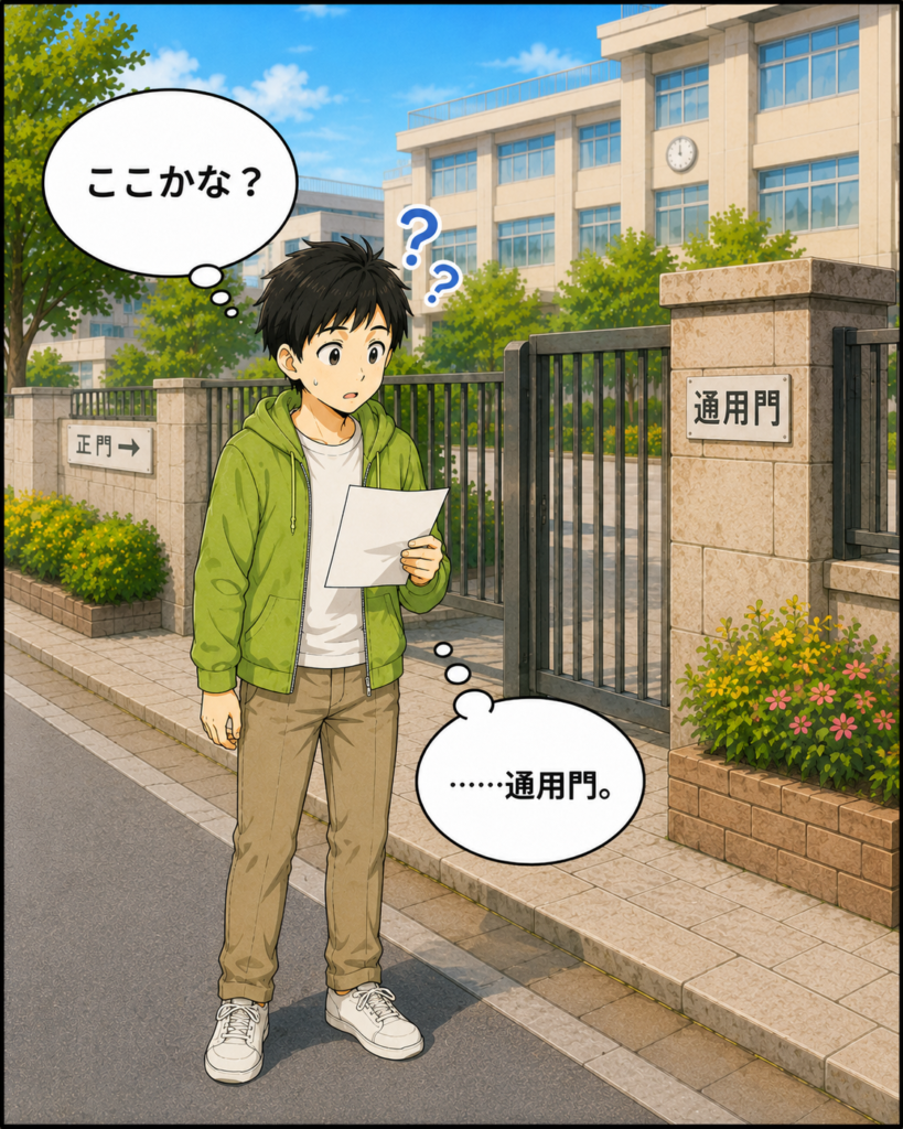 「学校の外周を歩いて北門を探す若井さんが、別の通用門を見つけて立ち止まる場面」