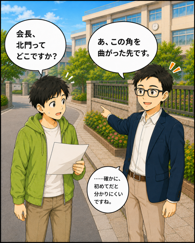 「北門を探していた若井さんが会長を見つけ、集合場所がどこなのか尋ねる場面」