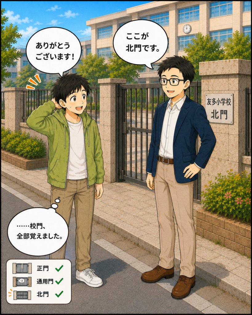「ようやく北門に着き、探している間に学校の門を一通り覚えてしまった若井さん」