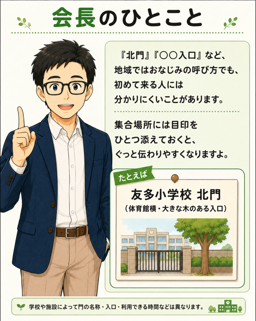 「会長が、集合場所には門の名称だけでなく目印も添えると分かりやすいと紹介している」