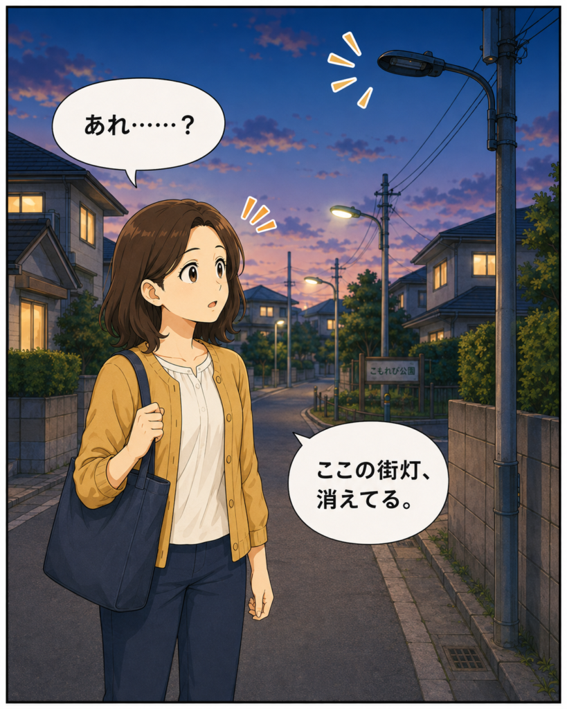 「仕事帰りの磯賀さんが、住宅街で一つだけ消えている街灯に気づいて立ち止まる場面」

