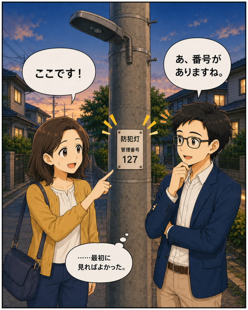 「消えた街灯を見つけ、電柱に管理番号が付いていたことに気づく磯賀さんと会長」
