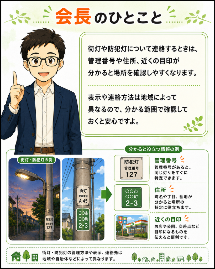 「会長が、街灯や防犯灯を連絡するときは管理番号や住所、目印があると確認しやすいと紹介している」