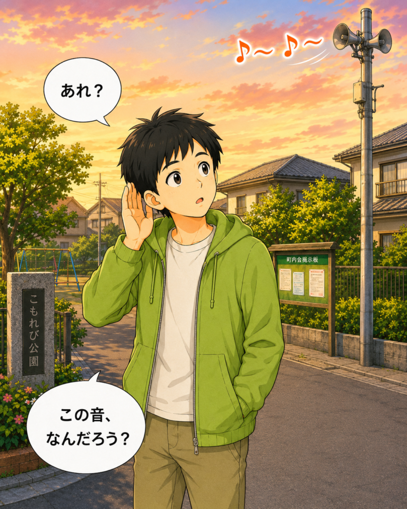 「夕方の住宅街を歩いていた若井さんが、スピーカーから聞こえるメロディーに気づいて立ち止まる」