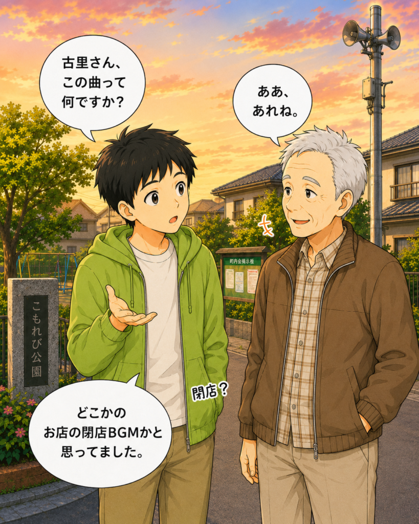 「若井さんが古里さんに夕方のメロディーについて尋ね、店の閉店BGMかと思っていたと話す場面」