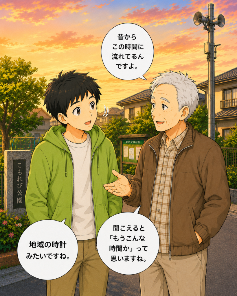 「古里さんから昔から夕方に流れている音だと聞き、地域の時計みたいだと納得する若井さん」