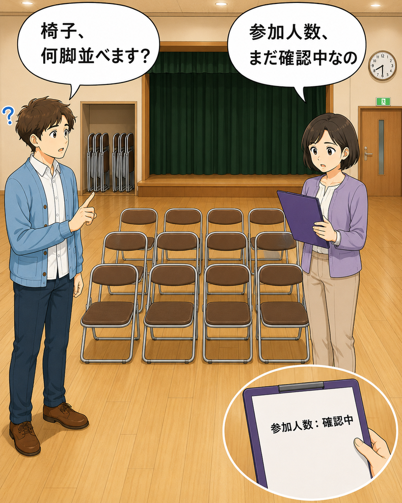 「参加人数が確認中のまま、会場に12脚の椅子を並べて相談する班野さんと筆垣さん」