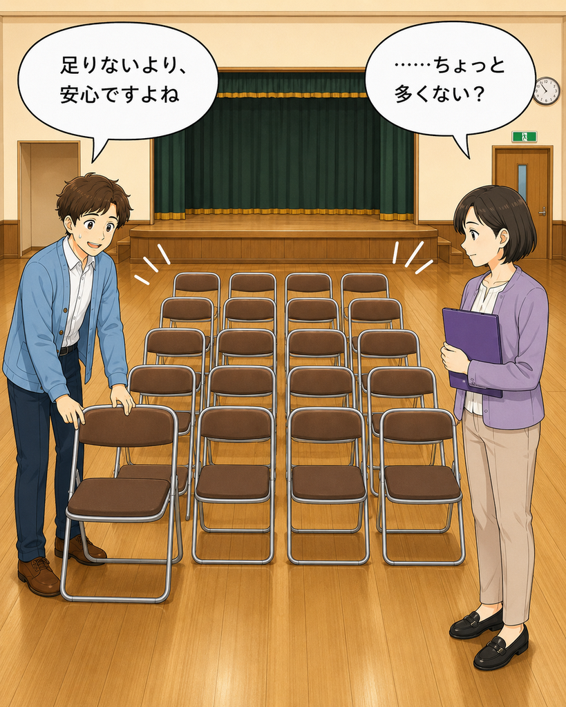 「足りないことを心配して椅子を20脚に増やし、多すぎないかと会場を見渡す班野さんと筆垣さん」