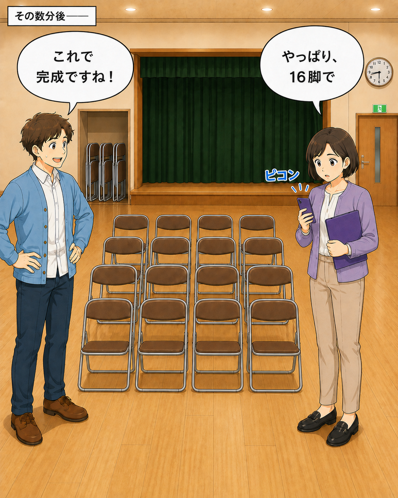 「椅子を何度も増減して16脚に決めた直後、筆垣さんのスマートフォンに連絡が届く場面」