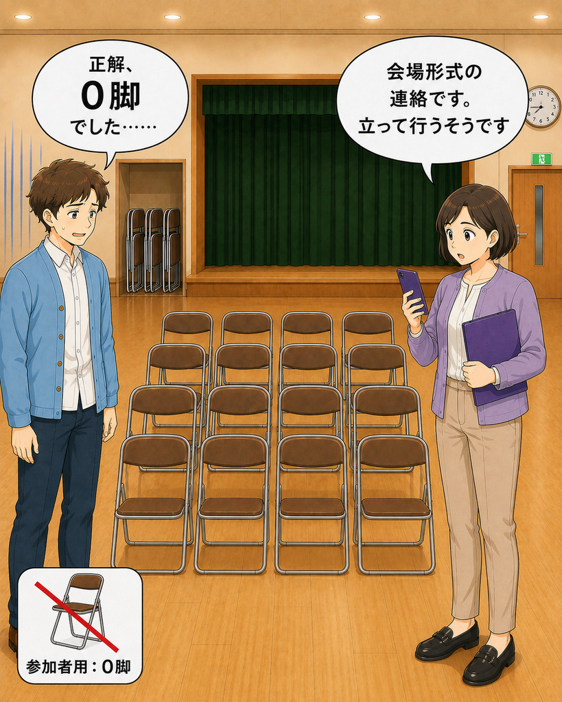 「行事は立って行う形式と分かり、並べた16脚を前に必要な椅子は0脚だったと肩を落とす班野さん」