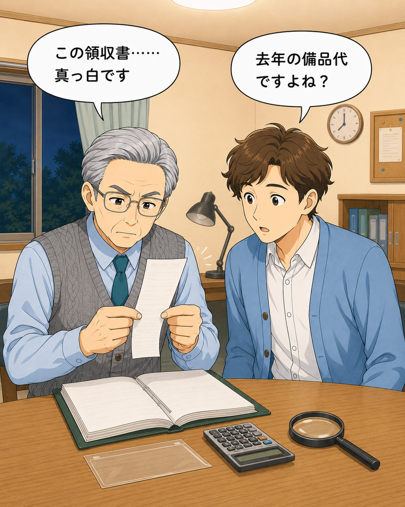 「前年度の会計確認中、印字がほとんど消えた備品代の領収書を見つけて驚く岡さんと班野さん」
